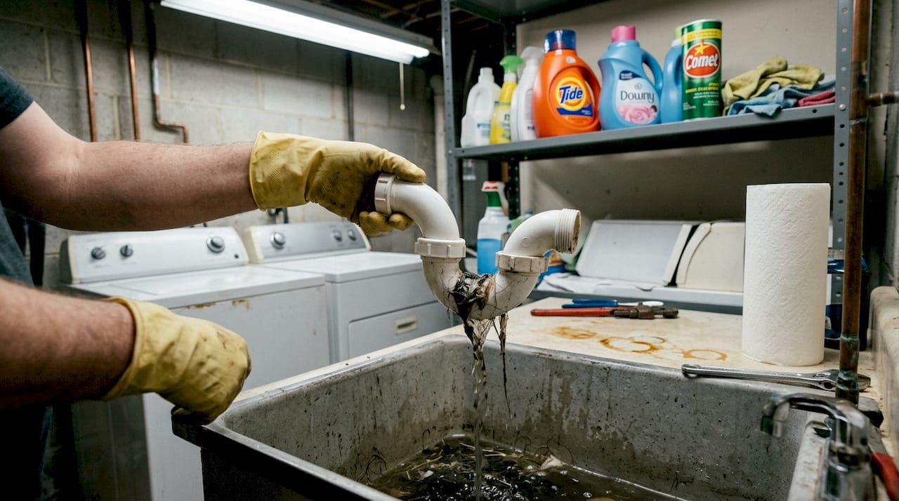 Hands emptying clogged kitchen P-trap over sink