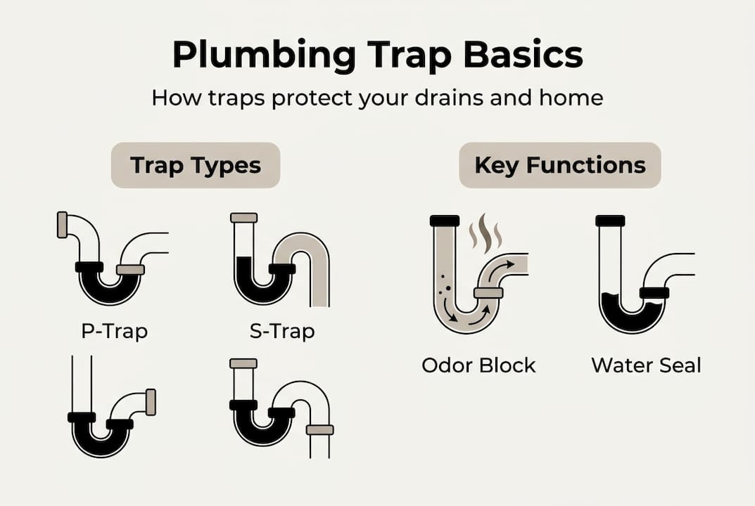 Infographic explaining plumbing trap types and functions