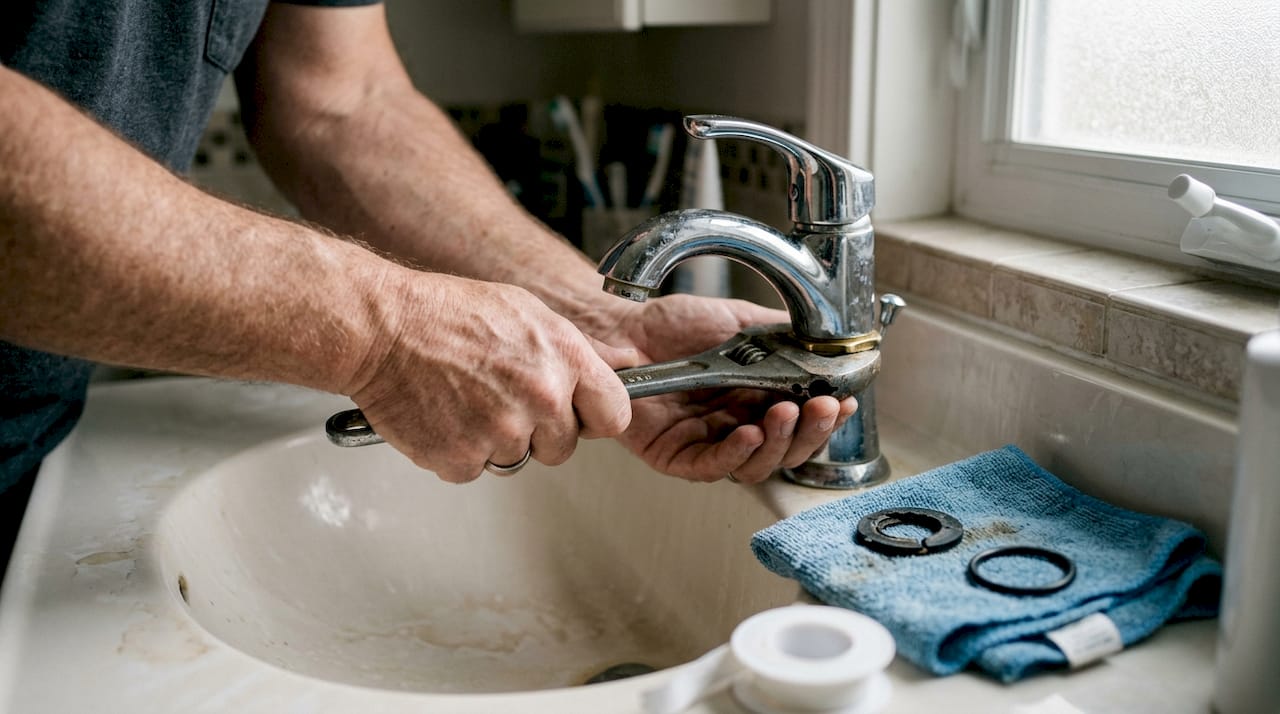 Hands fixing faucet with plumbing tools