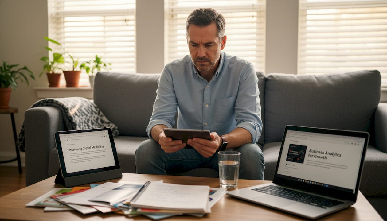 Entrepreneur comparing online course options at home