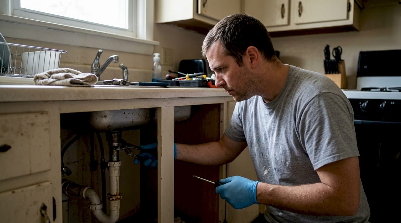 Handyman checking corroded water shutoff valve