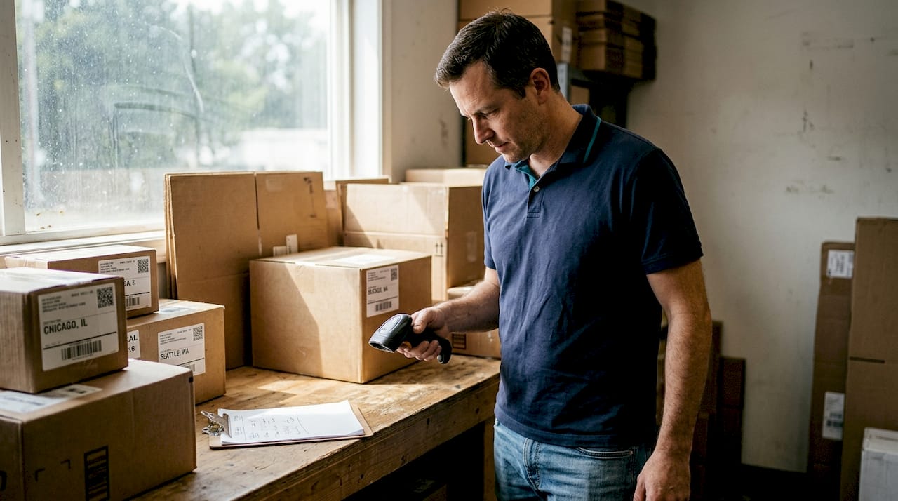 Courier scanning parcels at micro-hub office