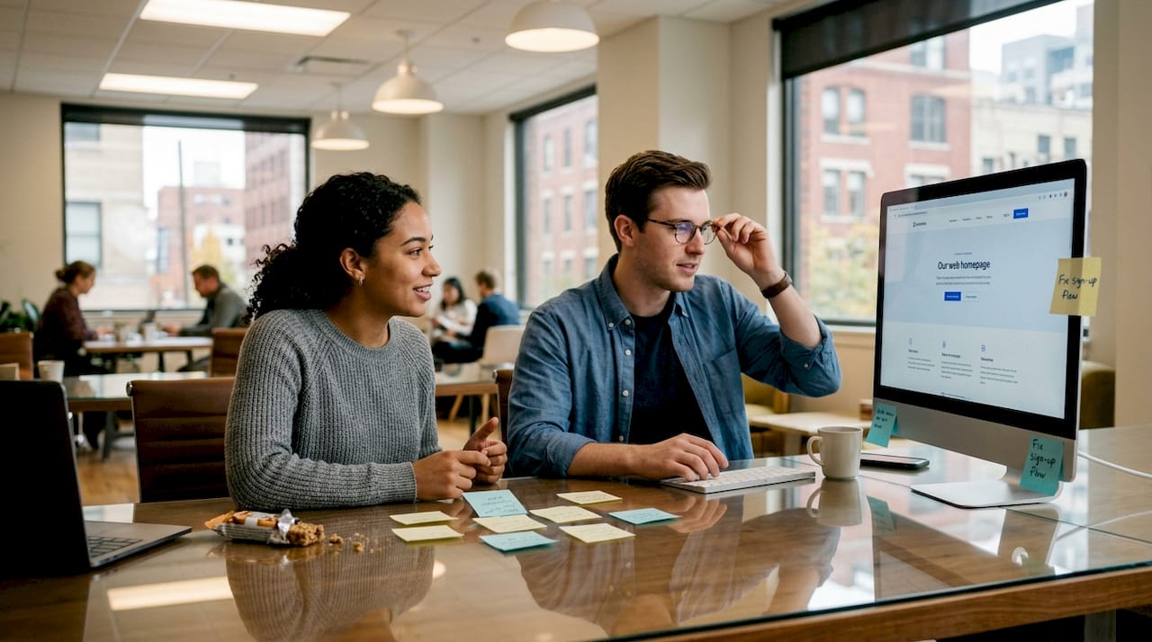 Colleagues reviewing website design in co-working space