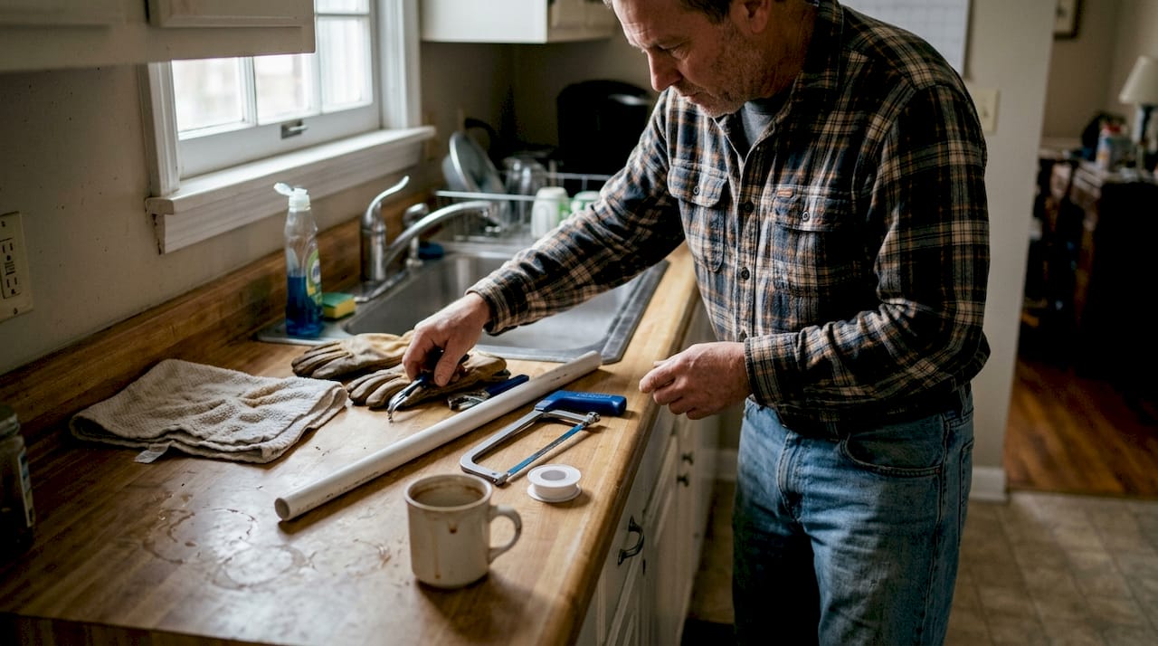 Homeowner assembling tools for pipe repair