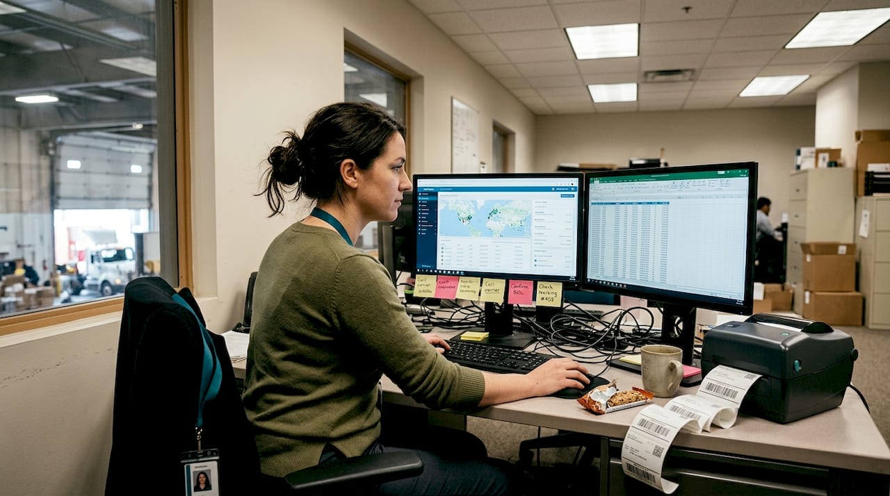 Shipping manager using logistics software at desk