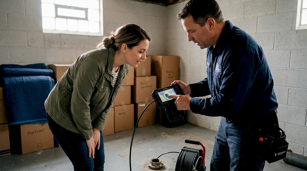 Homebuyer and inspector review drain camera video