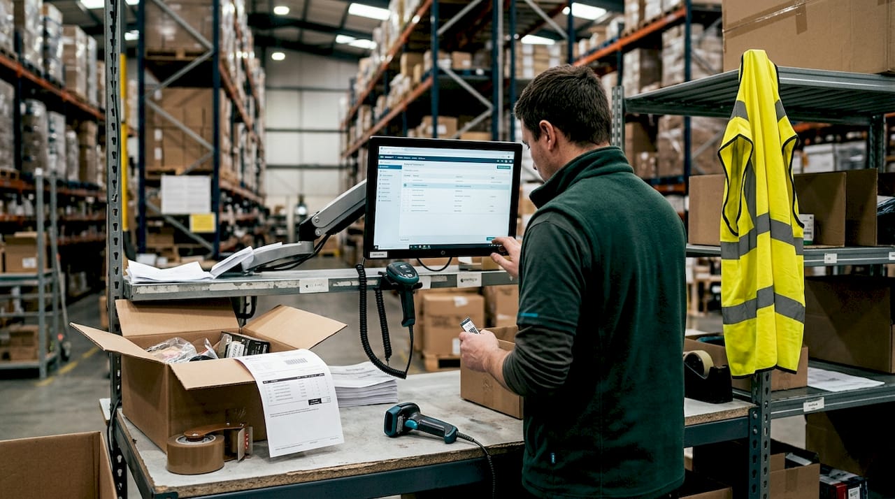Worker checking orders at warehouse packing station