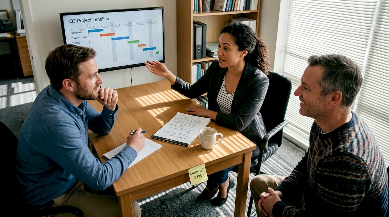 Team discussing feedback actions in meeting room