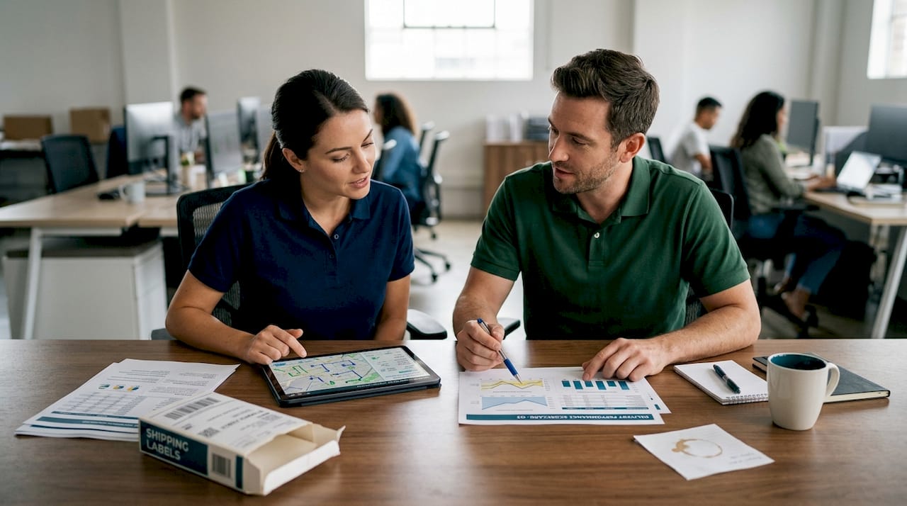 Team comparing courier performance scorecards