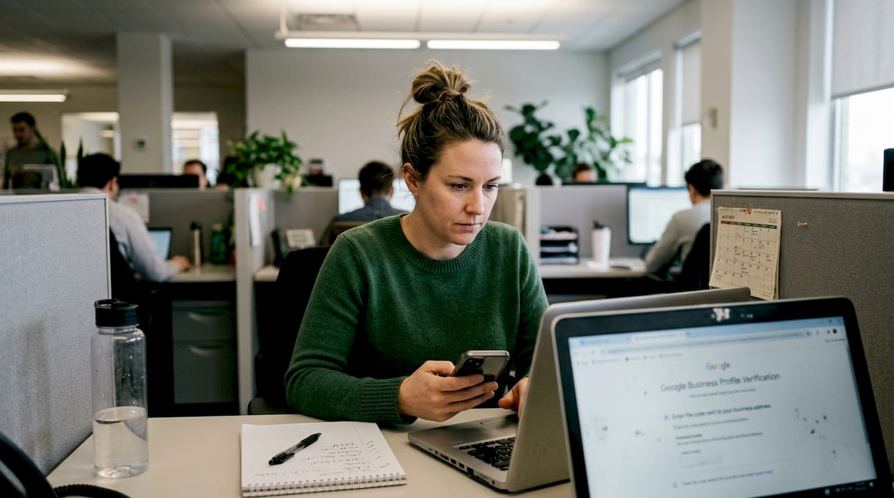 Entrepreneur verifying listing on laptop and phone