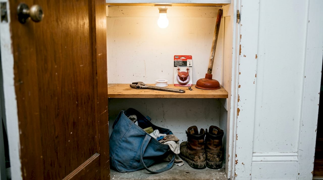 Essential plumbing tools neatly stored in closet