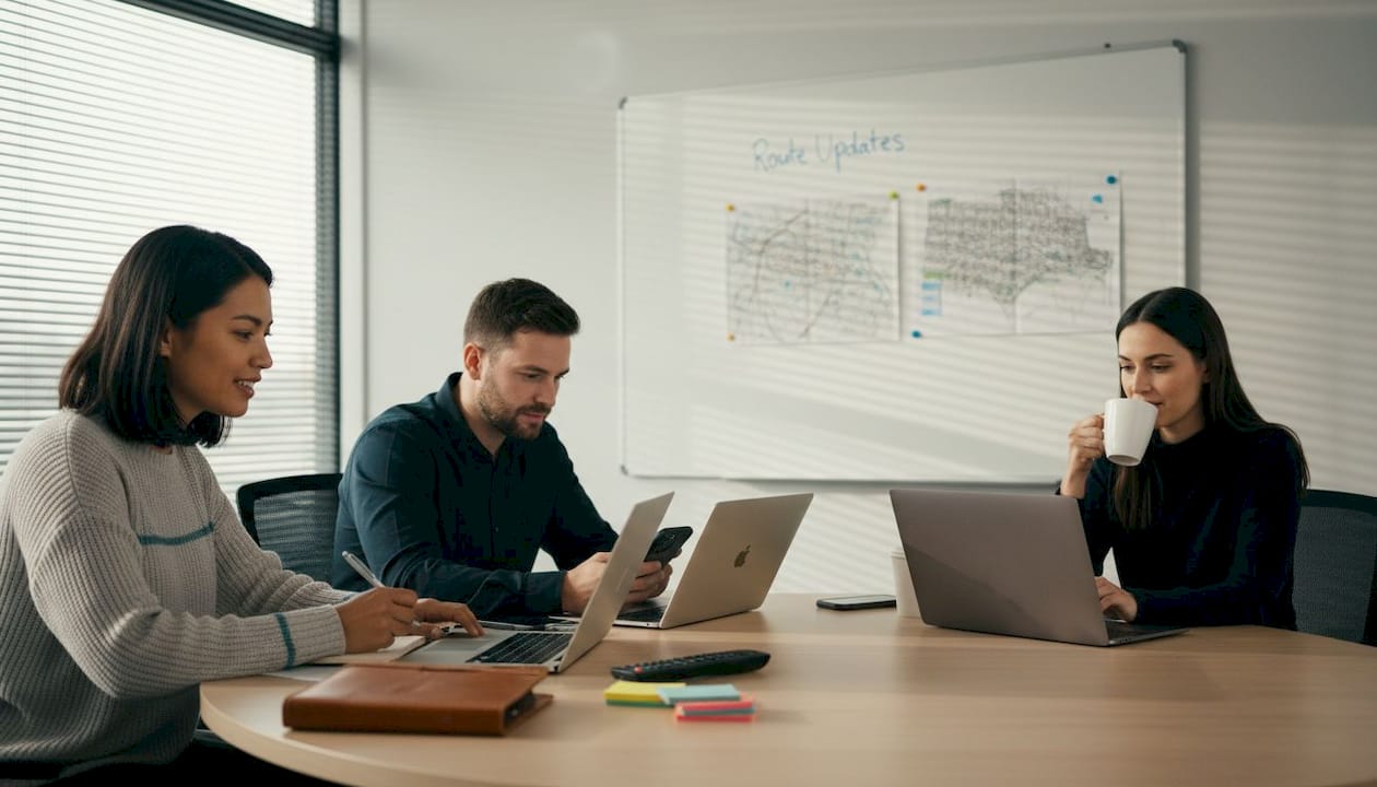 Delivery coordinators tracking logistics at workspace