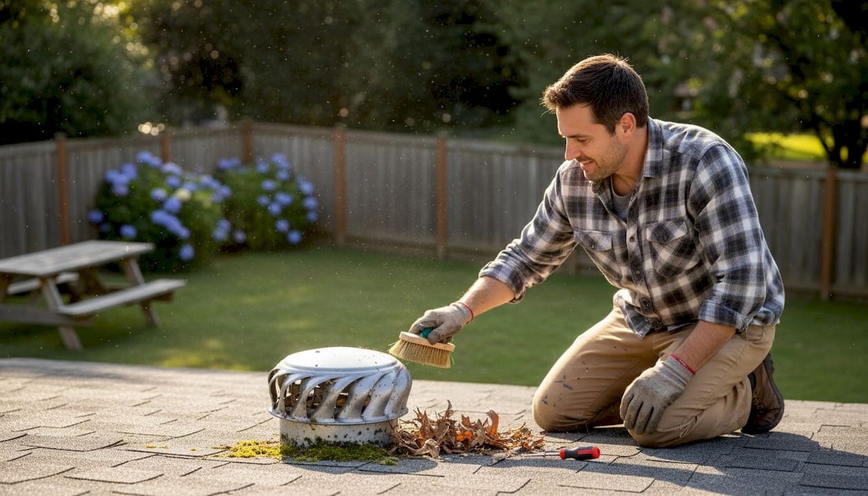 Homeowner clearing debris from rooftop vent