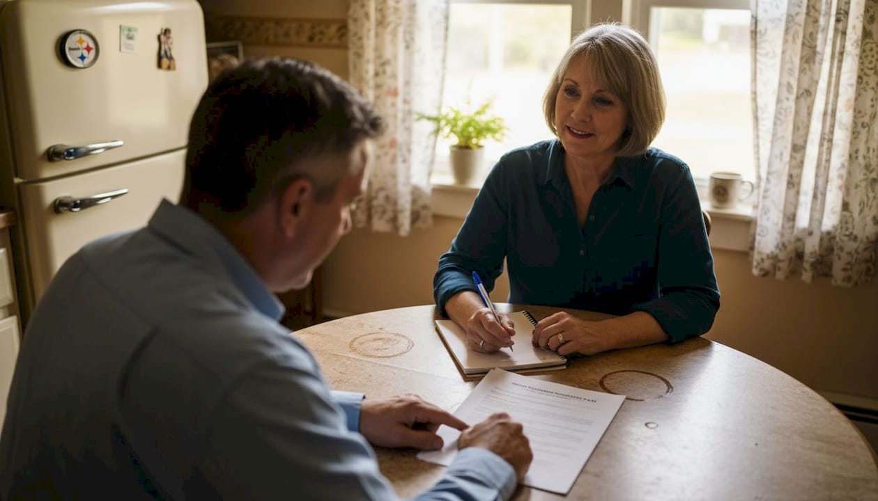 Homeowner and plumber reviewing plumbing warranty
