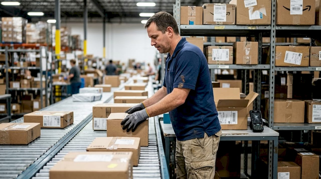 Courier sorting and scanning ecommerce parcels