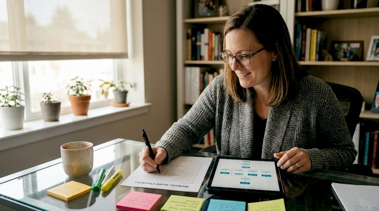 Woman completing website SEO audit at desk