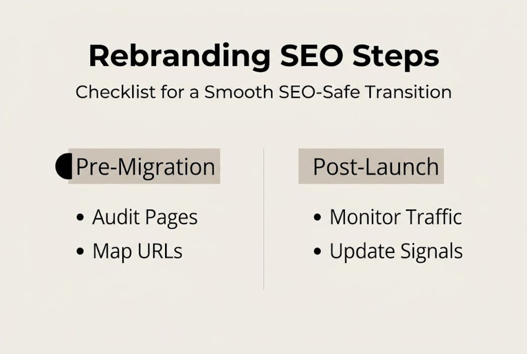Infographic showing SEO rebranding steps checklist