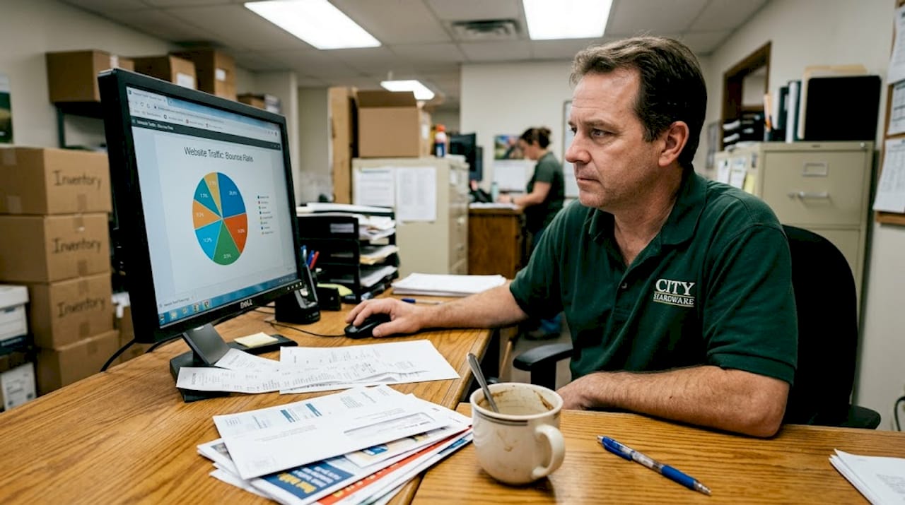 Manager reviewing website bounce rate statistics