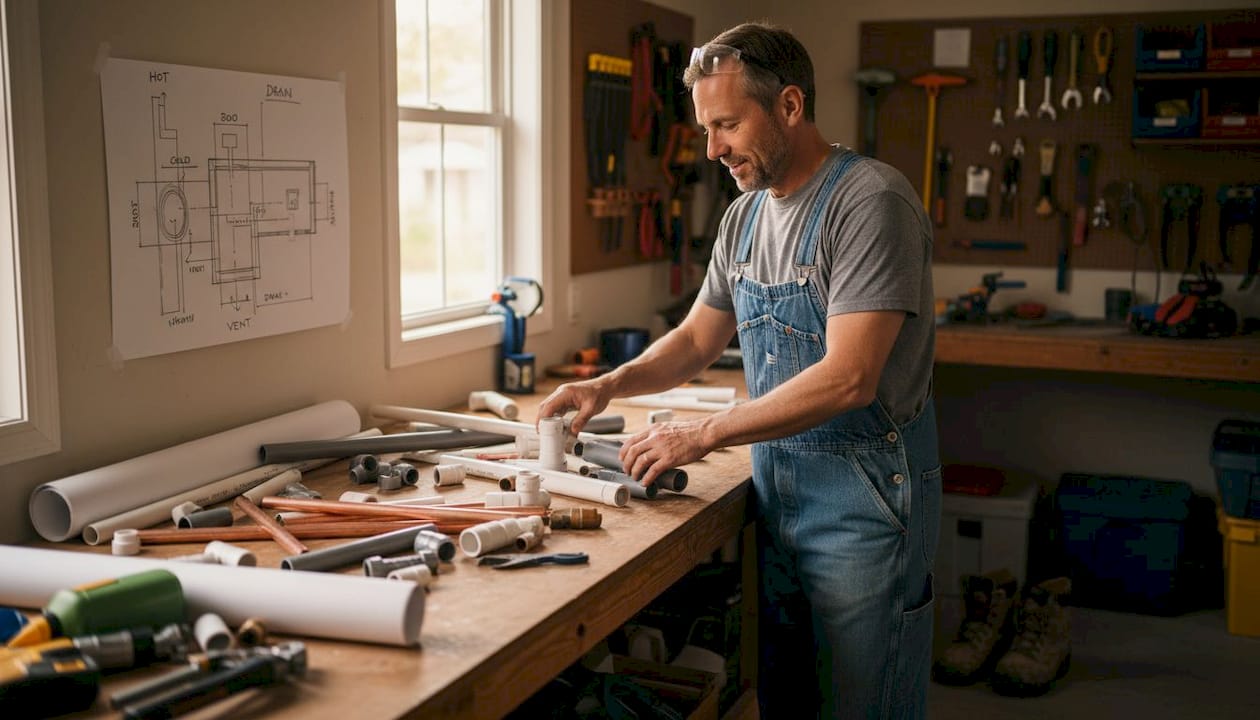 Plumber sorting copper, PEX, and PVC pipes