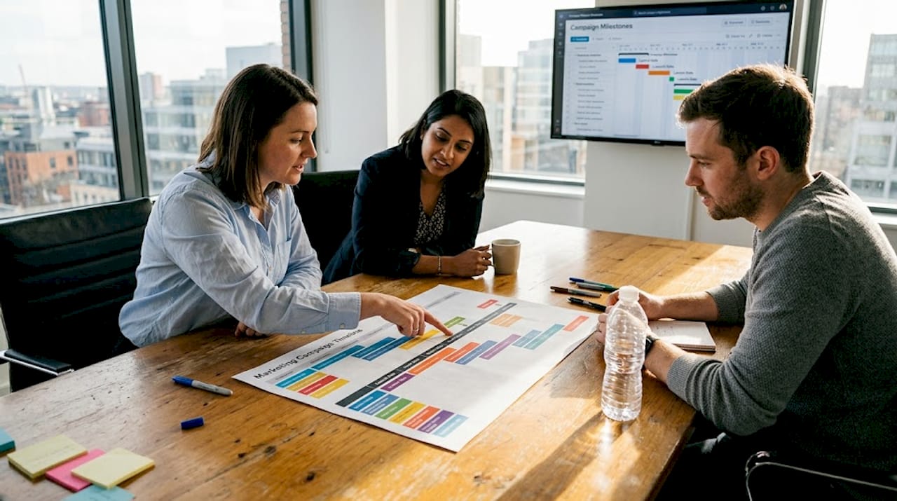 Team reviews printed campaign timeline and milestones