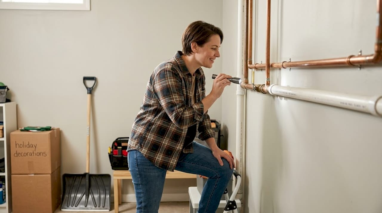Homeowner inspects CPVC plumbing in basement
