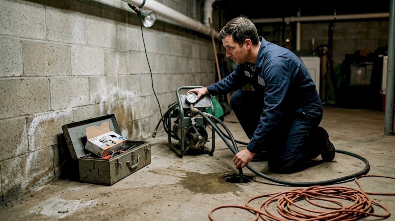 Plumber hydro jetting drain in basement