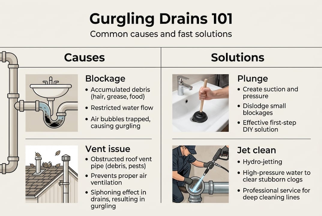 Infographic detailing gurgling drain causes and fixes