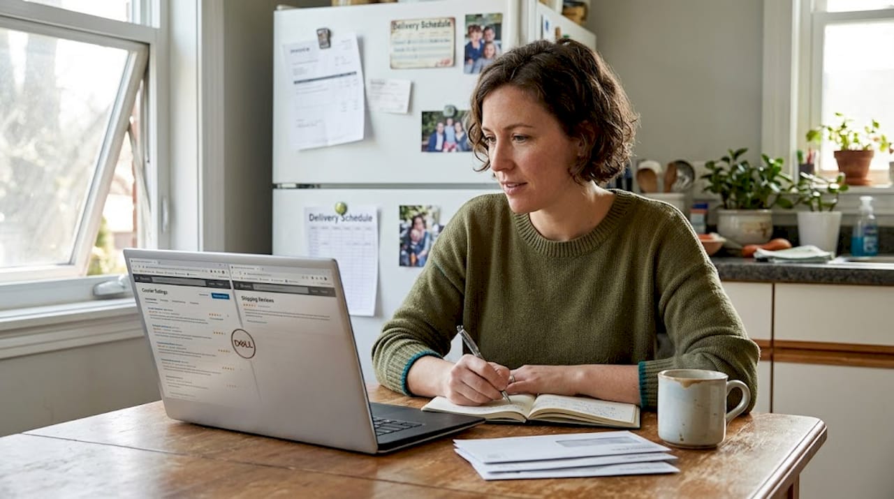 Small business owner researching courier reviews