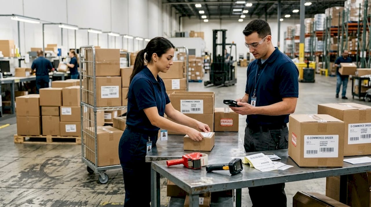 Warehouse staff labeling ecommerce parcels