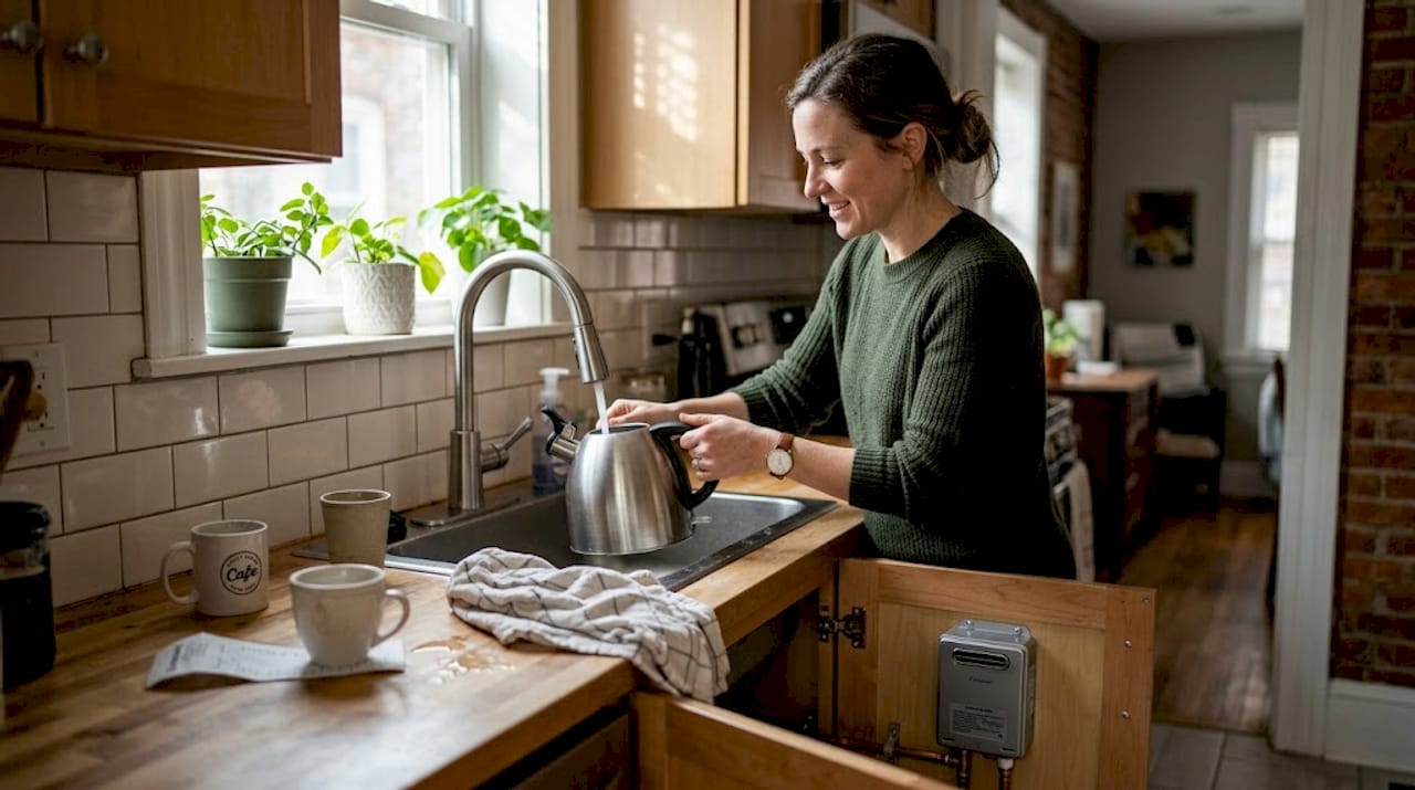 Tankless water heater in use under kitchen sink