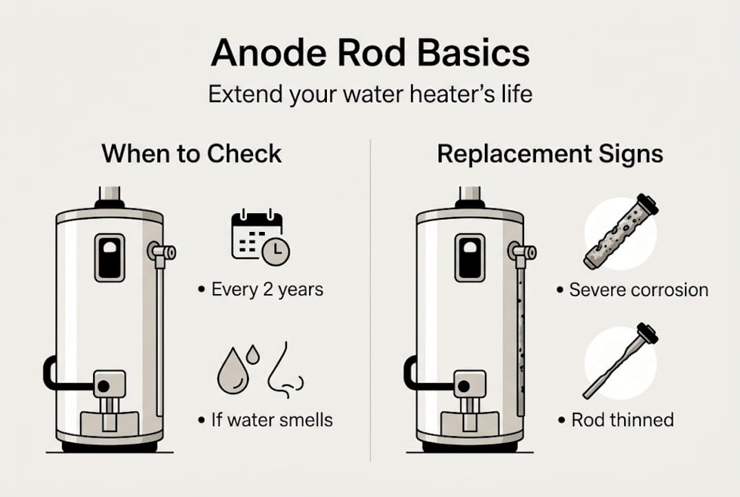 Infographic showing anode rod check and replacement steps