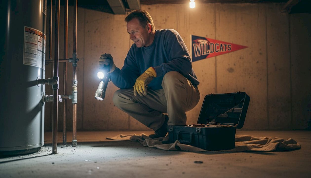 Man inspecting basement plumbing for noise