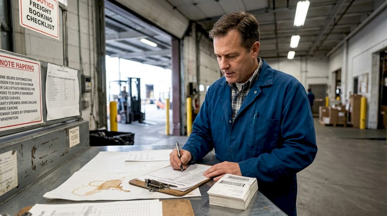 Manager marking freight booking checklist at dock