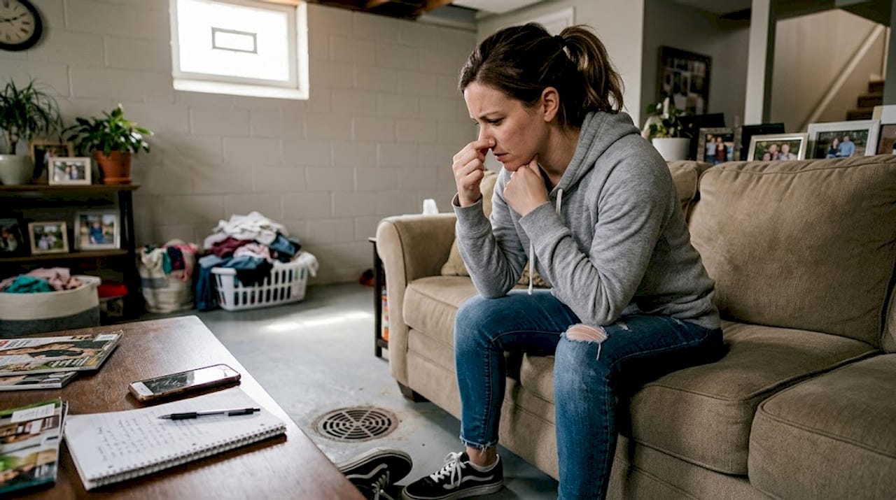 Woman reacting to unpleasant smell in basement