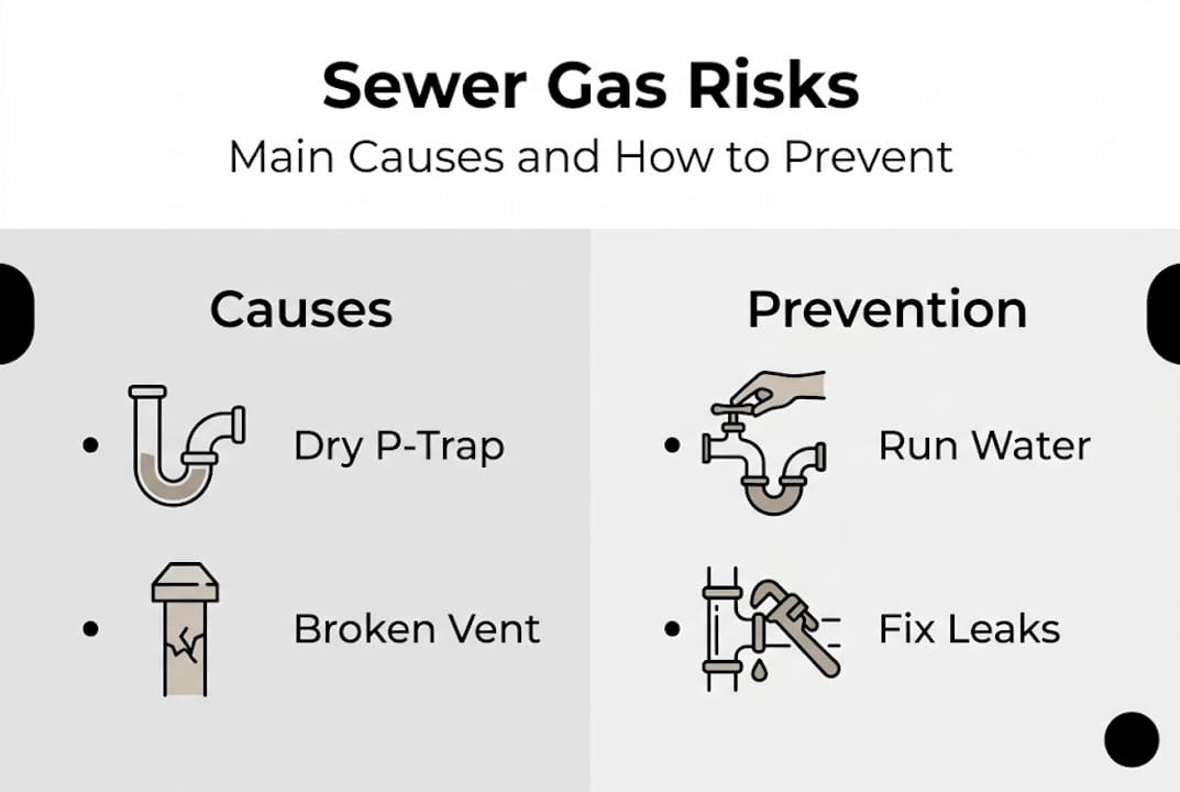 Infographic showing main causes and prevention of sewer gas