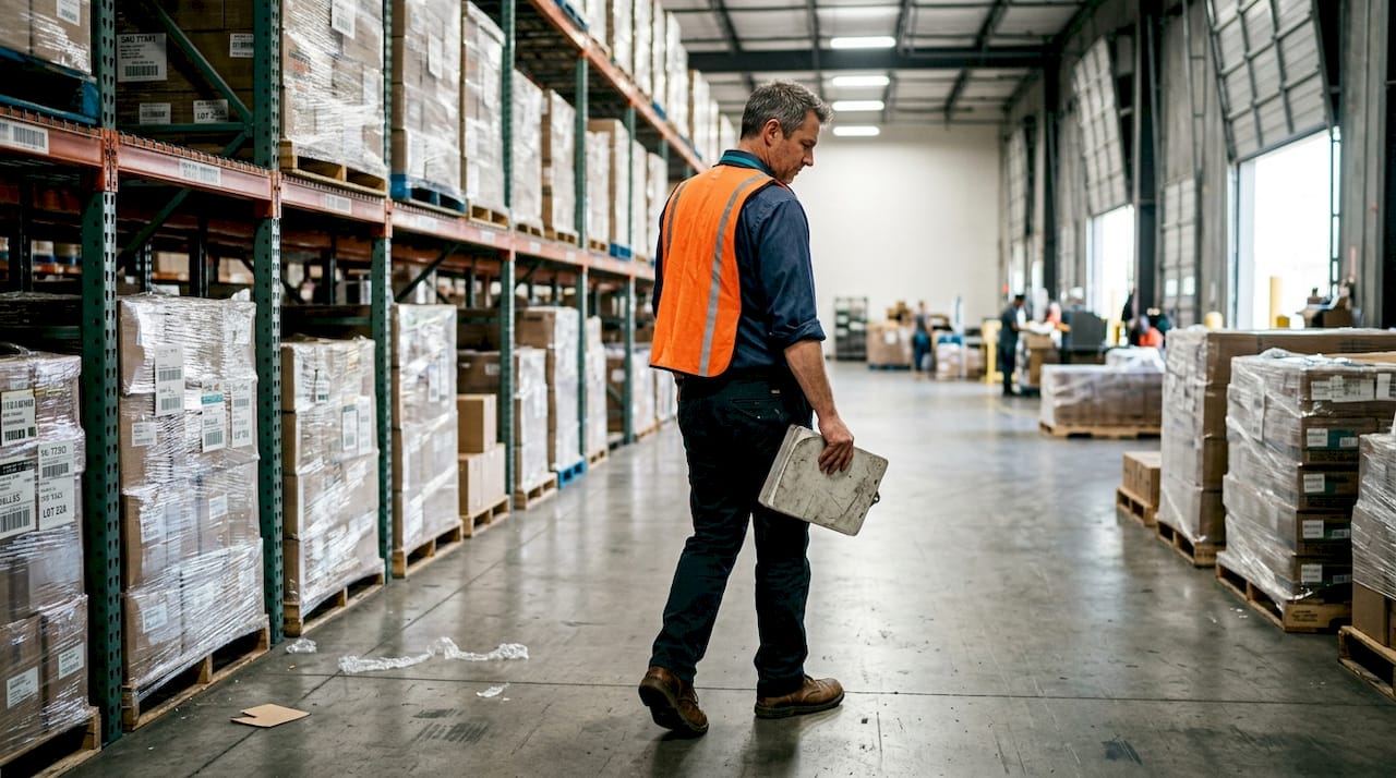 Logistics manager checking warehouse inventory