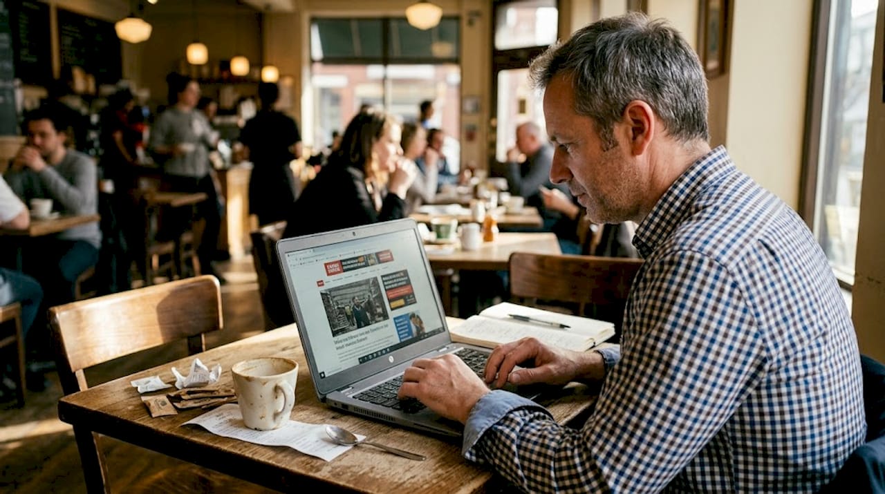 Banner ads on laptop in café setting
