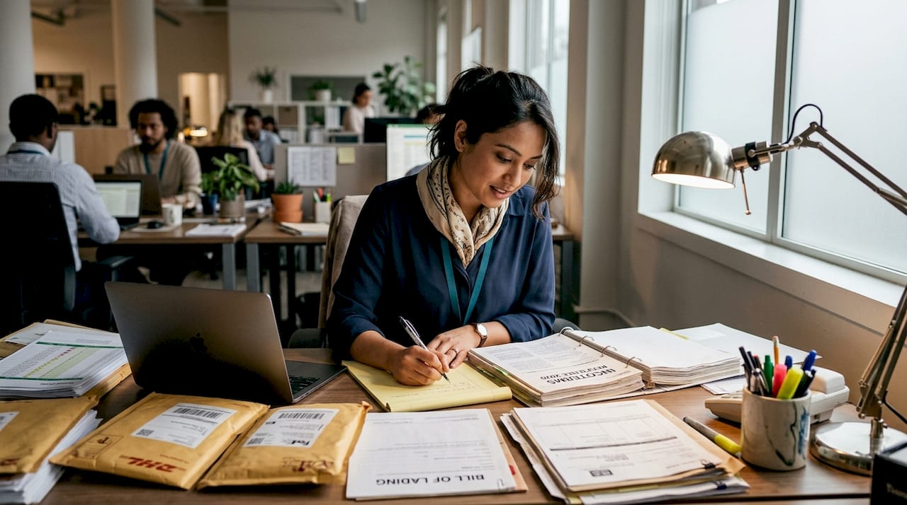 Coordinator reviewing Incoterms at office desk
