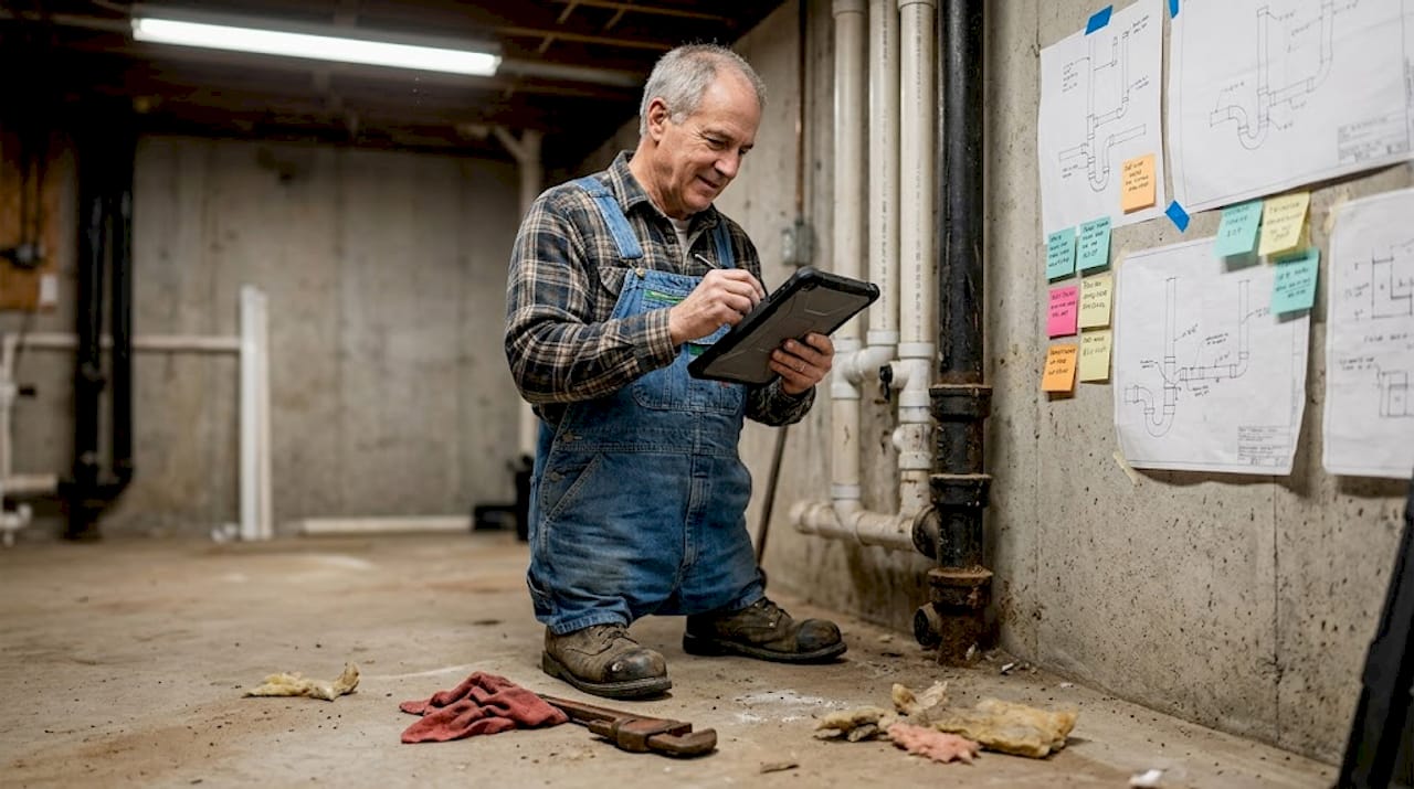 Plumber notes drainage problems in basement