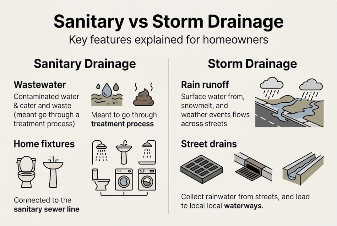 Infographic shows sanitary vs storm drainage comparison