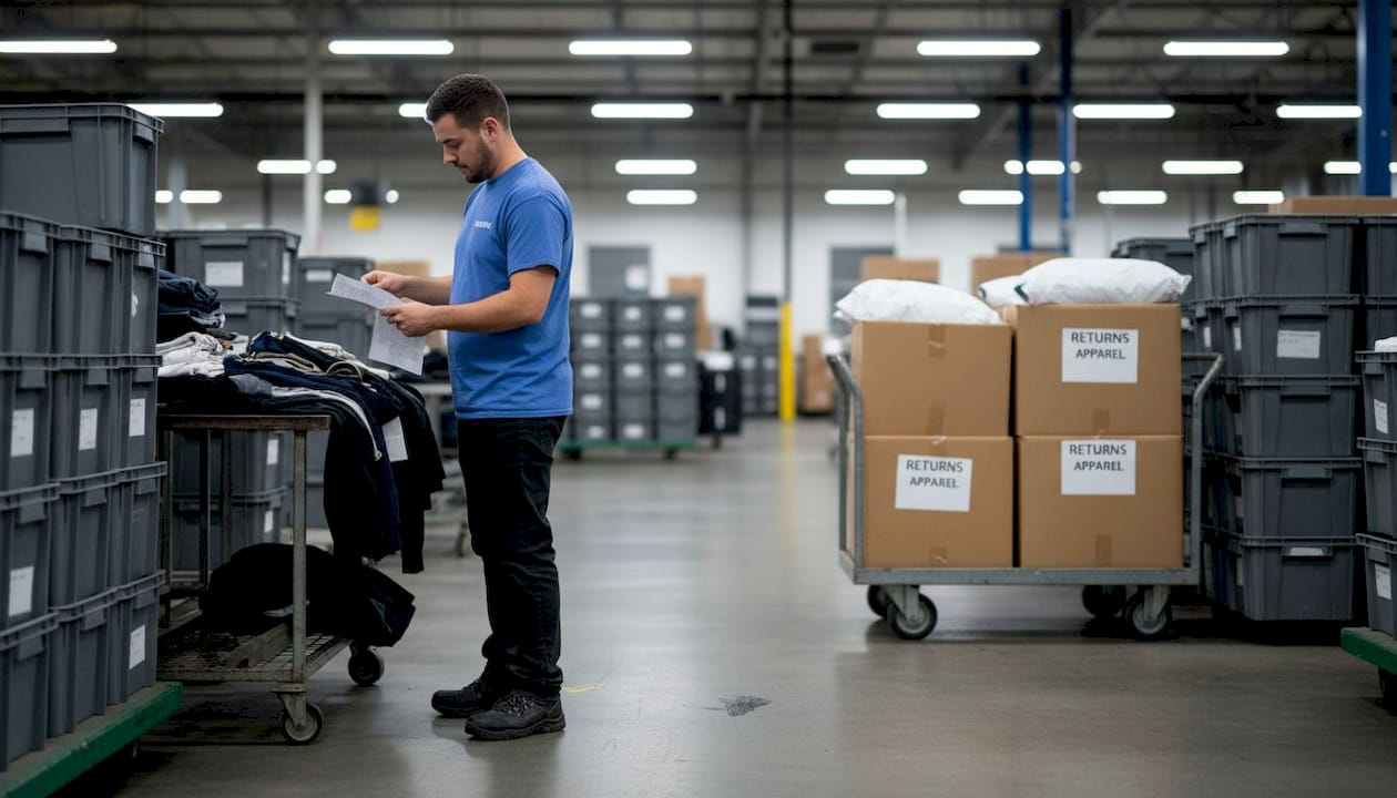 Warehouse staff sorting apparel returns