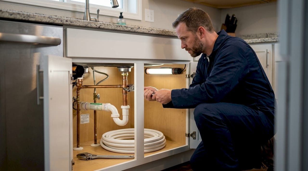 Plumber checking cracked old sewer pipe