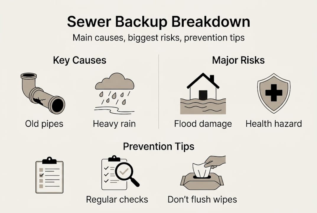 Infographic about sewer backup causes risks prevention