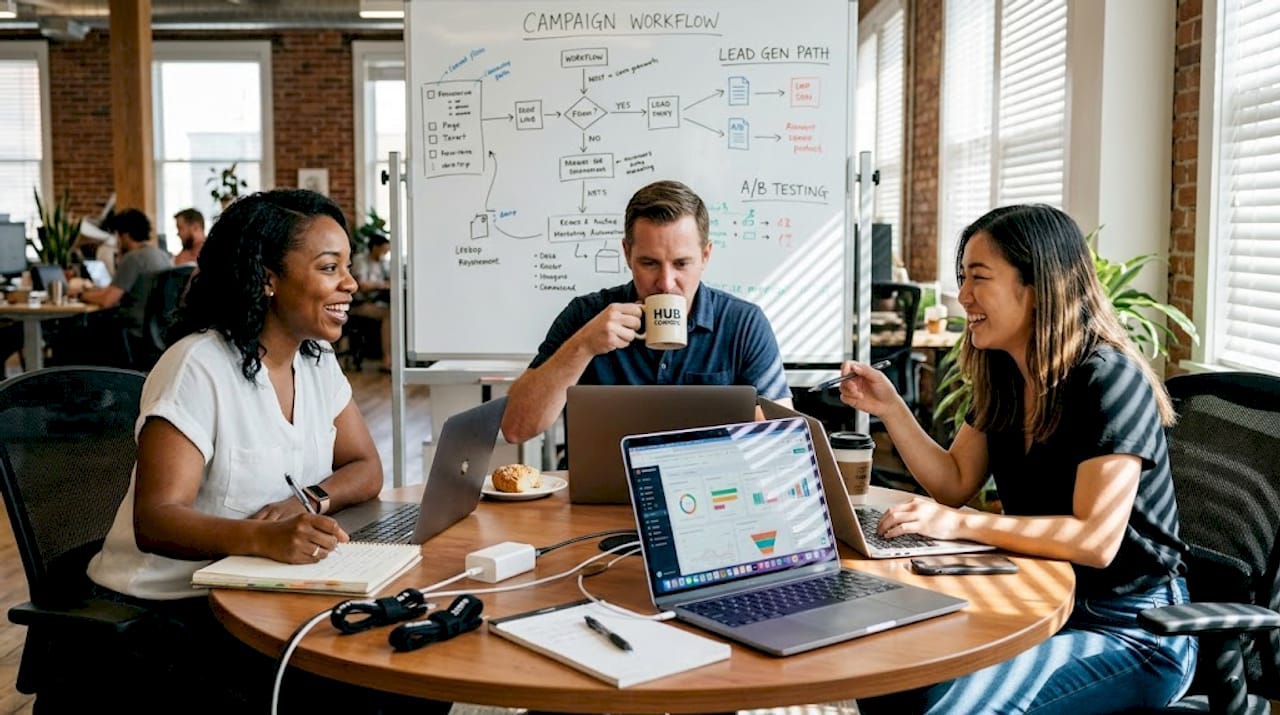Team collaborating on marketing automation tools