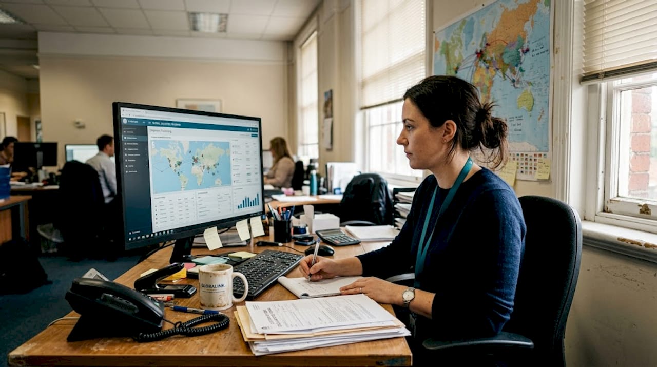 Coordinator tracking global shipments at desk