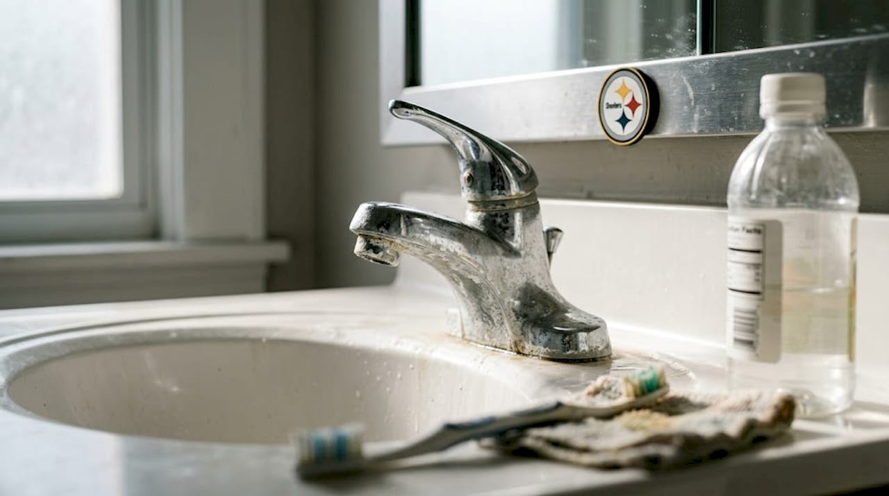 Faucet with visible hard water deposits