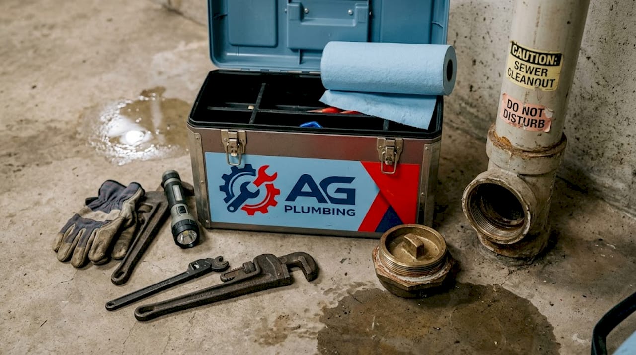 Basement plumbing tools and open cleanout plug