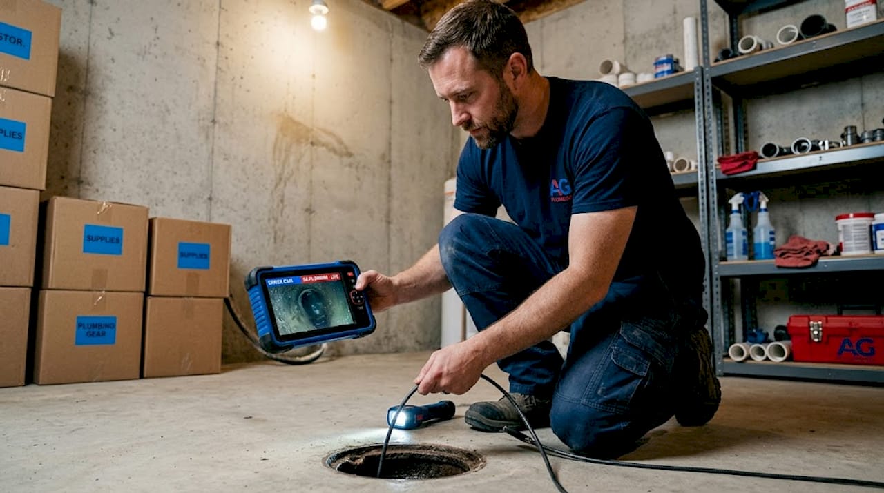 Plumber using camera for pipe inspection