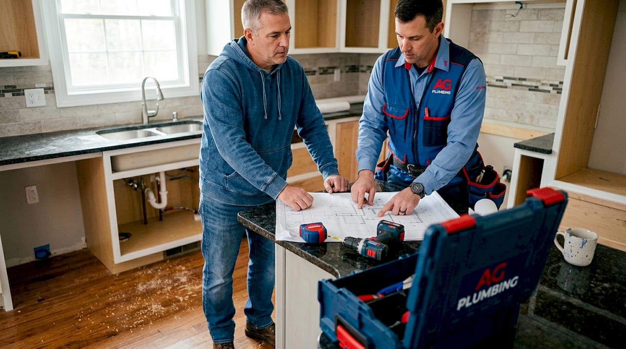 Homeowner and plumber planning kitchen gas line