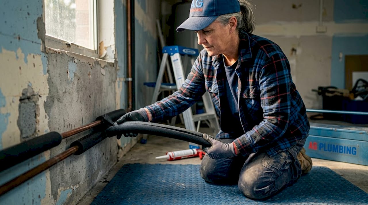 Woman insulating exposed basement water pipes